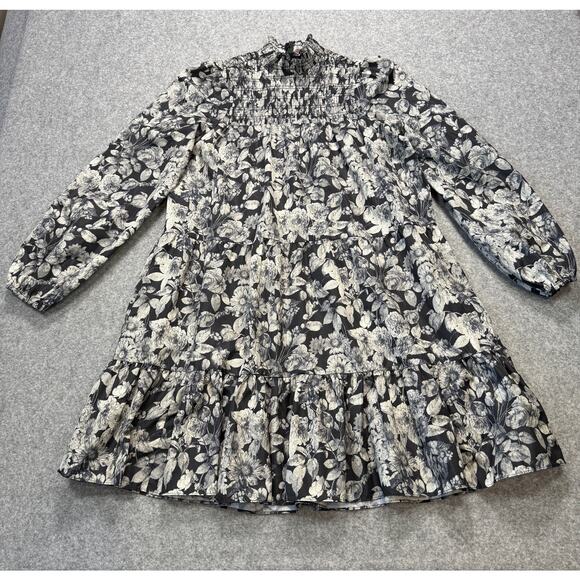 Women's Cinq a Sept Black and Cream Floral Smocked Dress Size 6 - Picture 6 of 10